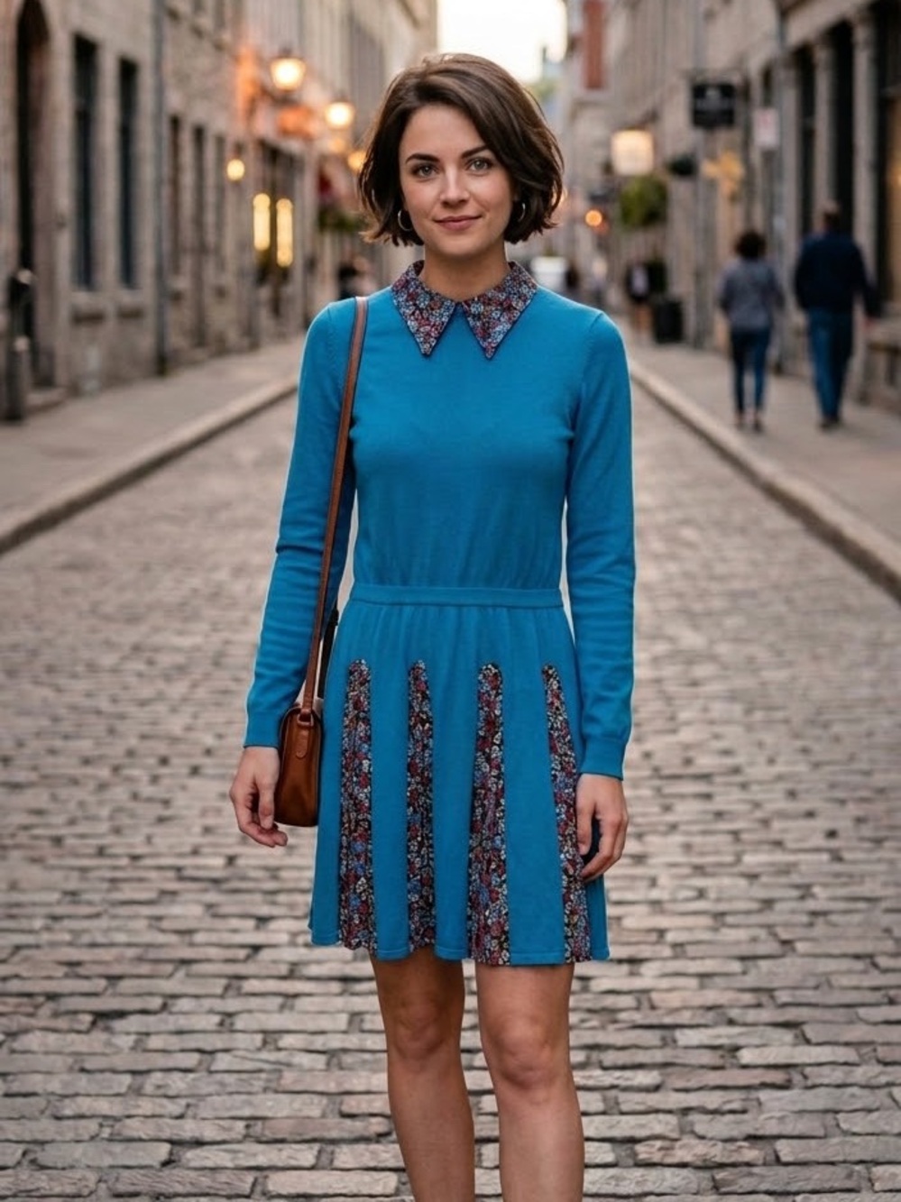 Teal Long-Sleeve Fit & Flare Dress with Floral Trim